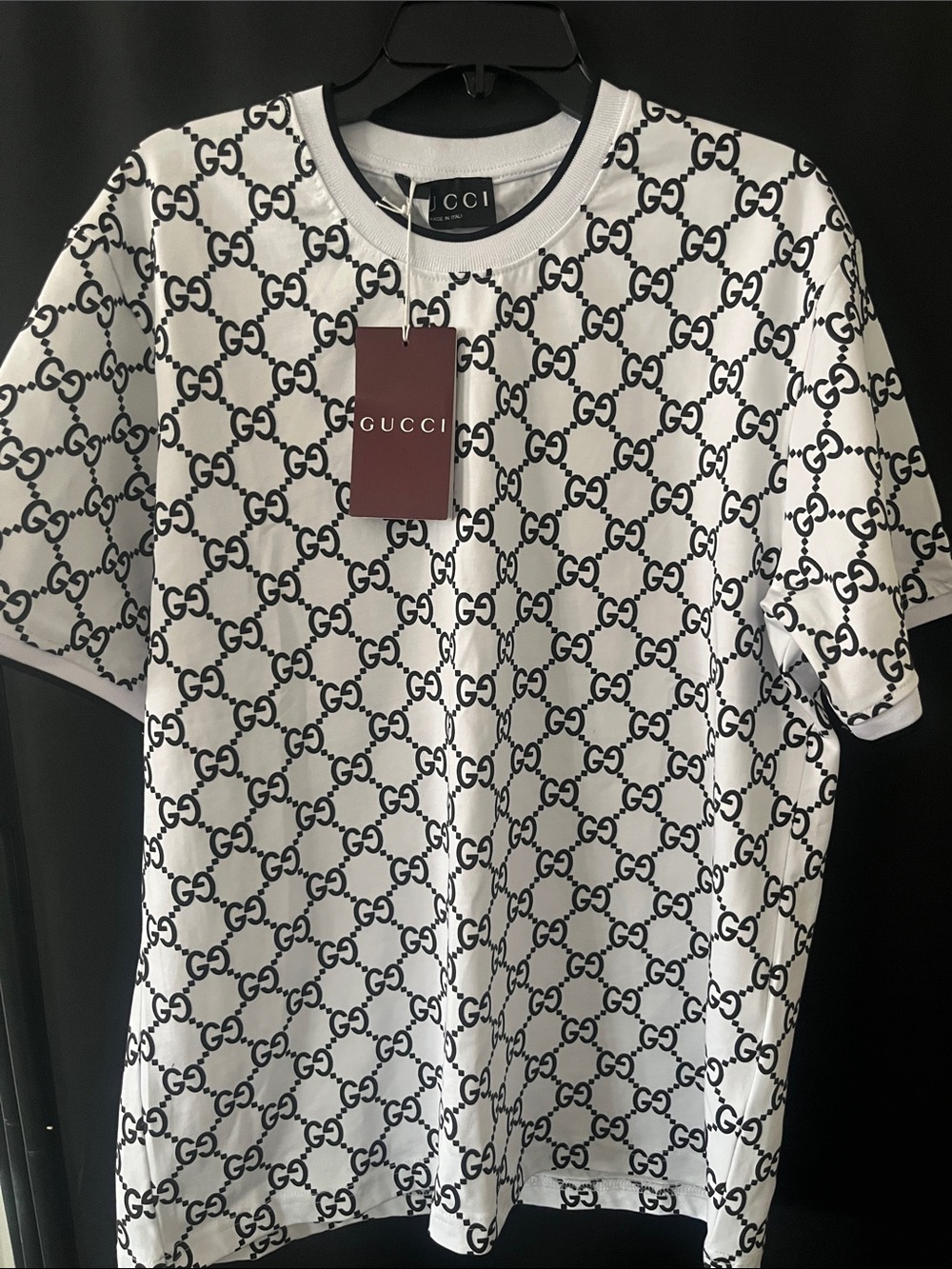 Gucci White Short Sleeve T-Shirt with Black All-Over GG Logo